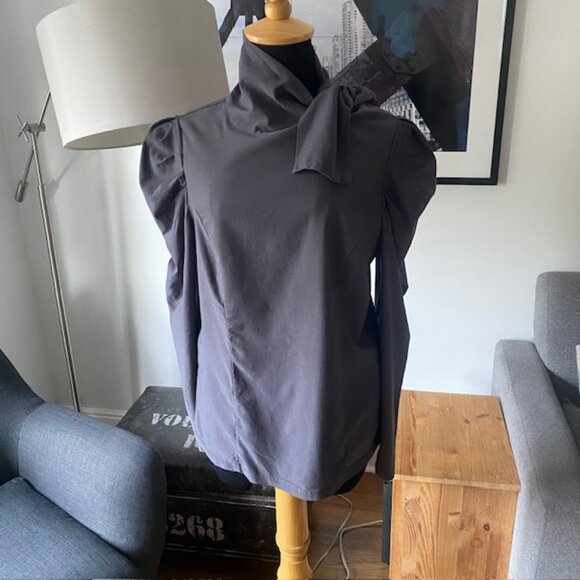 JASAMBAC Blouse Bow puff pouf sleeve top - DARK GREY, Large (12 US) - Picture 5 of 8